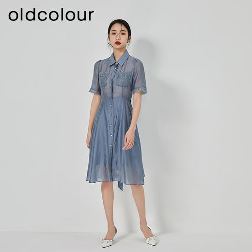 oldcolour2023夏季新款蓝色薄款高腰显瘦衬衫连衣裙女GN21101776 商品图2