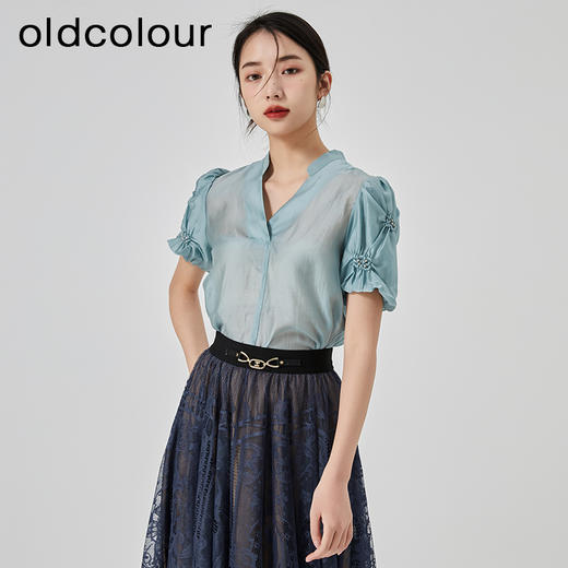 oldcolour夏季新款简约通勤宽松薄款天丝V领衬衫女GN21011783 商品图3