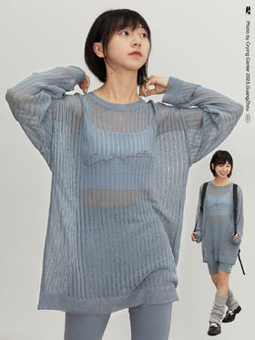 CryingCenter雾霾蓝灰网眼镂空针织手写体 刺绣宽松上衣哭喊中心
