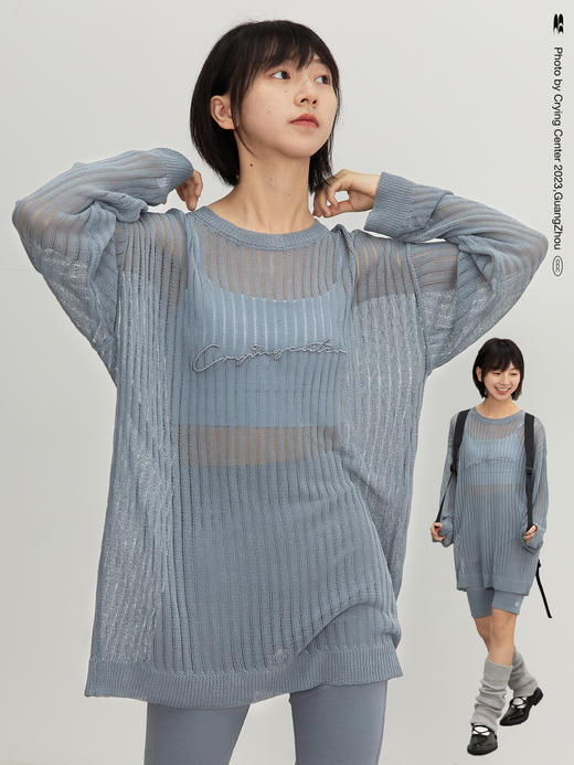 CryingCenter雾霾蓝灰网眼镂空针织手写体 刺绣宽松上衣哭喊中心 商品图0