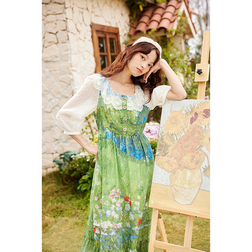 两三事月海梦游 夏季新款复古蕾丝拼接印花a字连衣裙长裙 商品图2