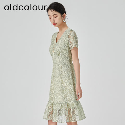 oldcolour2023夏季新款绿色清新淡雅V领A字碎花连衣裙GN21101731 商品图3