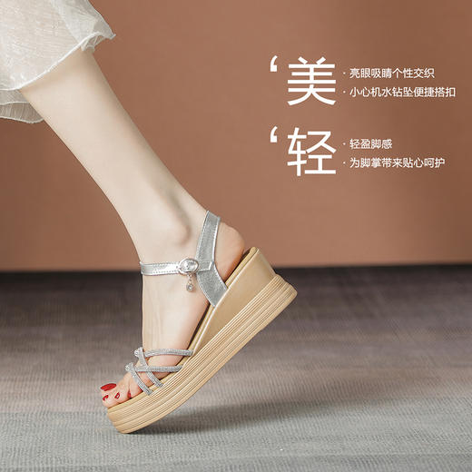 ZHR细带水钻坡跟凉鞋女2023新款韩版百搭厚底仙女一字带凉鞋 商品图5