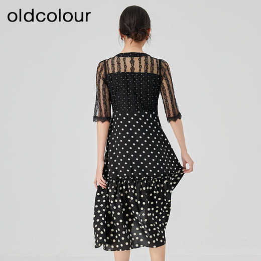 oldcolour2023夏季新款黑色V领蕾丝拼接波点连衣裙女GN21102760 商品图4