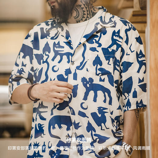 马登工装 美式复古印第安图腾花衬衫古巴领涂鸦短袖沙滩衬衣男夏 商品图1