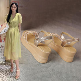 ZHR细带水钻坡跟凉鞋女2023新款韩版百搭厚底仙女一字带凉鞋