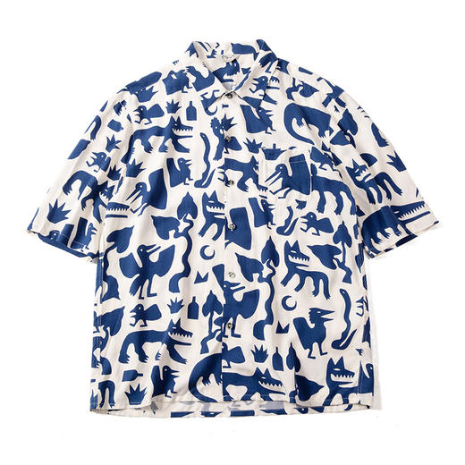 马登工装 美式复古印第安图腾花衬衫古巴领涂鸦短袖沙滩衬衣男夏 商品图7