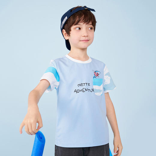 mettekids男童短袖t恤夏季休闲宽松蓝色童装男孩圆领洋气薄上衣 商品图1