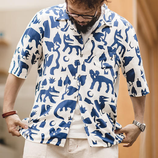 马登工装 美式复古印第安图腾花衬衫古巴领涂鸦短袖沙滩衬衣男夏 商品图4