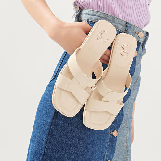 Safiya/索菲娅2023夏季新品简约露趾H型真皮外穿气质通勤拖鞋SF32110064 商品图3