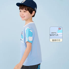 mettekids男童短袖t恤夏季休闲宽松蓝色童装男孩圆领洋气薄上衣