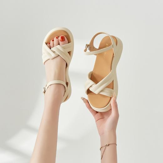 ZHR简约厚底凉鞋女2023夏季新款软底圆头超仙双带交织一字带凉鞋 商品图3