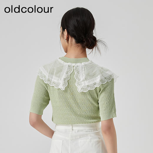 oldcolour2023夏季新款法式娃娃领蕾丝针织短袖上衣女GN21052718 商品图4