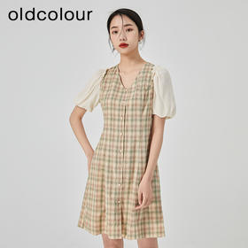 oldcolour2023夏季新款气质小清新泡泡袖V领格子连衣裙GN21101704