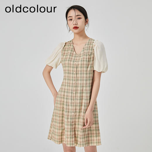 oldcolour2023夏季新款气质小清新泡泡袖V领格子连衣裙GN21101704 商品图0