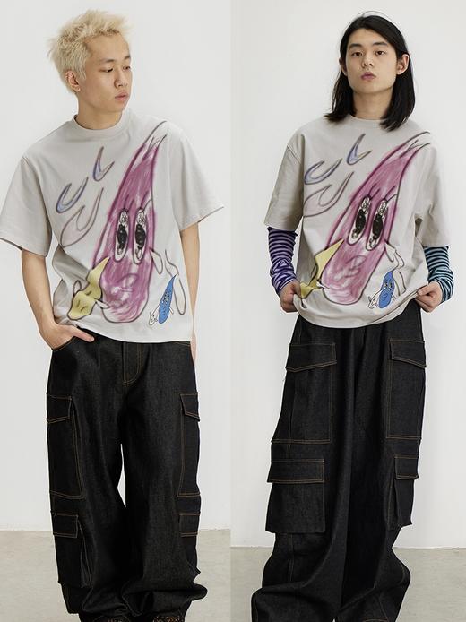CryingCenter手绘大眼泪卡通街头TEE宽松纯棉浅灰嘻哈风情侣短袖 商品图2