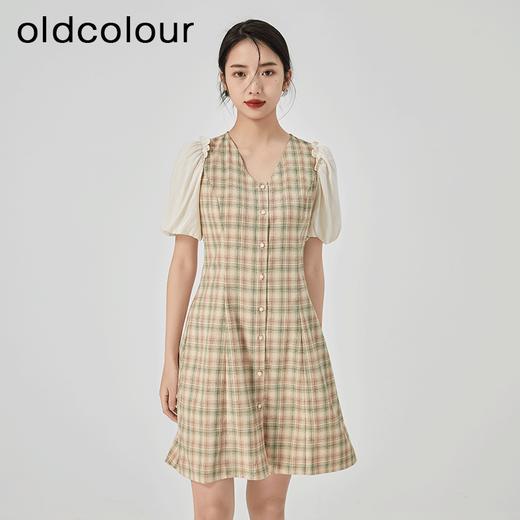 oldcolour2023夏季新款气质小清新泡泡袖V领格子连衣裙GN21101704 商品图2