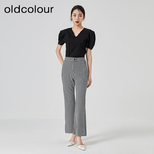 oldcolour复古高腰微喇裤2023夏新款格子百搭休闲裤女GN21073737 商品图2