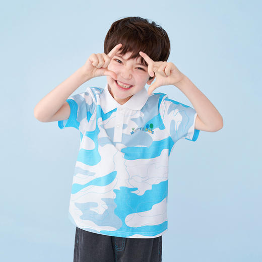 mettekids男童短袖t恤夏季蓝色迷彩上衣中大童休闲透气Polo衫童装 商品图2