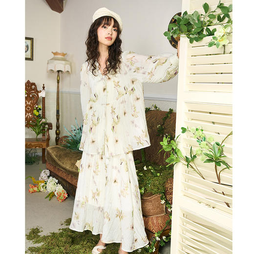 两三事月移花影夏季新款复古印花绑带长袖衬衫女宽松衬衣 商品图2