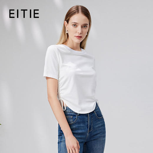 EITIE爱特爱简约白色基础款抽绳收腰显瘦圆领T恤短款夏季新款B2313114 商品图0
