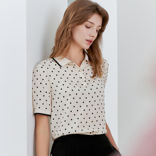 【桑蚕丝衬衫领上衣】23年夏季新款女士白底黑点真丝上衣超薄通勤T恤 商品图1