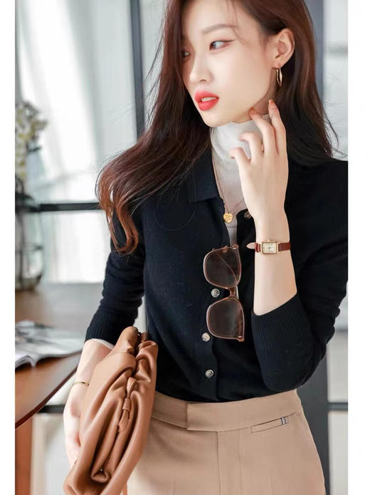 时尚百搭POLO领针织开衫女长袖春秋宽松显瘦衬衫薄款上衣打底毛衣 商品图2