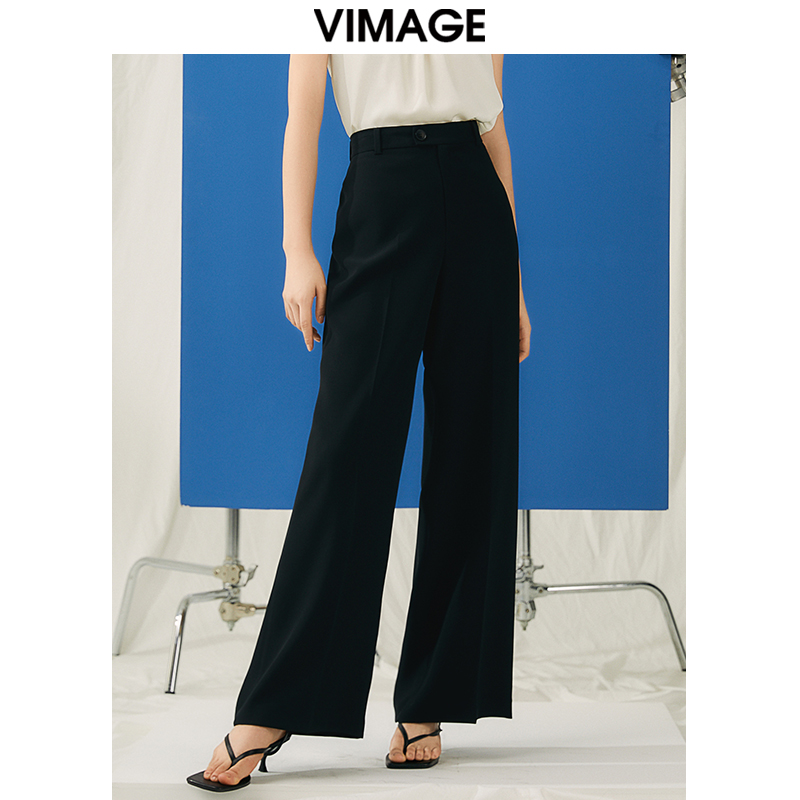 VIMAGE纬漫纪夏季新款高腰阔腿裤通勤宽松百搭纯色裤V1905526
