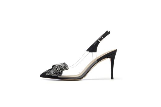 westory女鞋2023夏季新款尖头高跟细跟黑色饰扣一字带凉鞋56171 商品图1