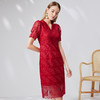 EITIE爱特爱气质V领红色蕾丝连衣裙法式优雅大方时尚显瘦夏新款B2307146 商品缩略图1