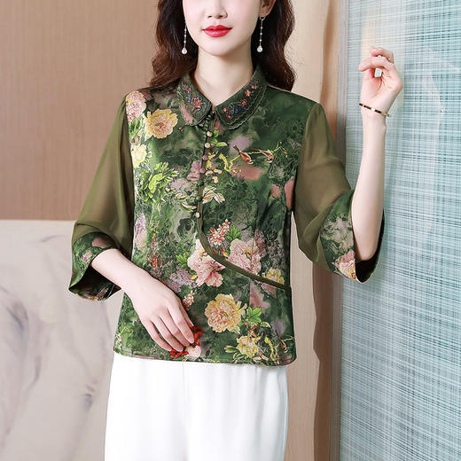 仿真丝拼接雪纺套头衫，绣花领宽松印花中国风上衣KQL-435H5276 商品图4