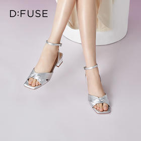 DFuse迪芙斯夏季新款羊皮方头褶皱扭结粗跟凉鞋女DF32115337