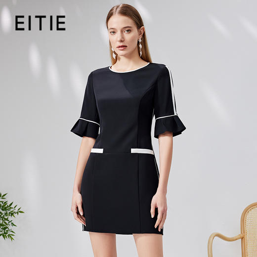 EITIE爱特爱时尚撞色喇叭袖收腰显瘦短裙连衣裙通勤简约夏新款B07174 商品图0