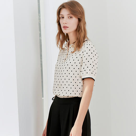 【桑蚕丝衬衫领上衣】23年夏季新款女士白底黑点真丝上衣超薄通勤T恤 商品图2