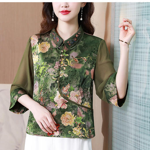 仿真丝拼接雪纺套头衫，绣花领宽松印花中国风上衣KQL-435H5276 商品图5