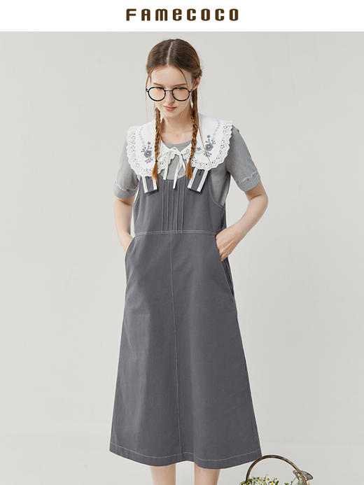 famecoco范可儿宽松纯棉背带裙女夏款时尚后开叉连衣裙FAB3FE001 商品图3