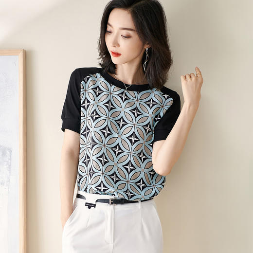 【2XL预售7天】米思阳2026夏季新款时尚几何印花拼接真丝T恤短袖休闲上衣女1627/1194 商品图0