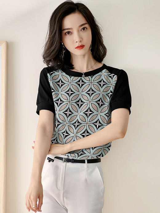 【2XL预售7天】米思阳2026夏季新款时尚几何印花拼接真丝T恤短袖休闲上衣女1627/1194 商品图4