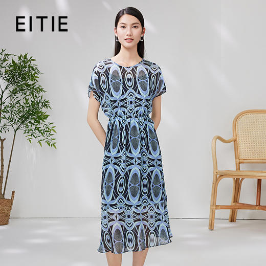 EITIE爱特爱夏款新品100%桑蚕丝优雅显瘦高腰舒适印花连衣裙7007728 商品图0
