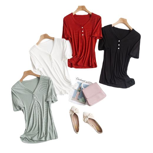 新款螺纹免烫白色V领短袖t恤女夏装内搭显瘦半袖钉扣莫代尔体恤衫_HLY 商品图4