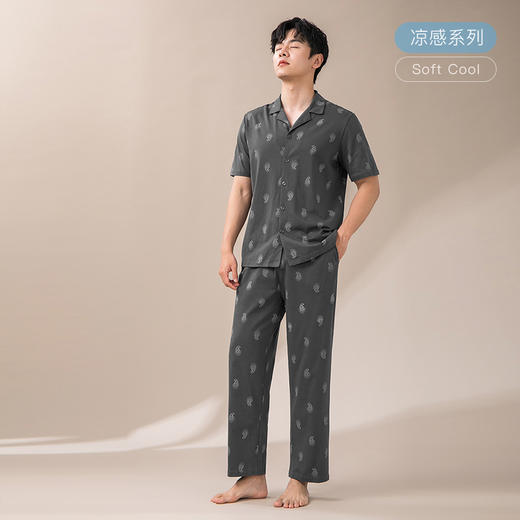 康妮雅睡衣男春夏短袖长裤开襟套装 商品图1