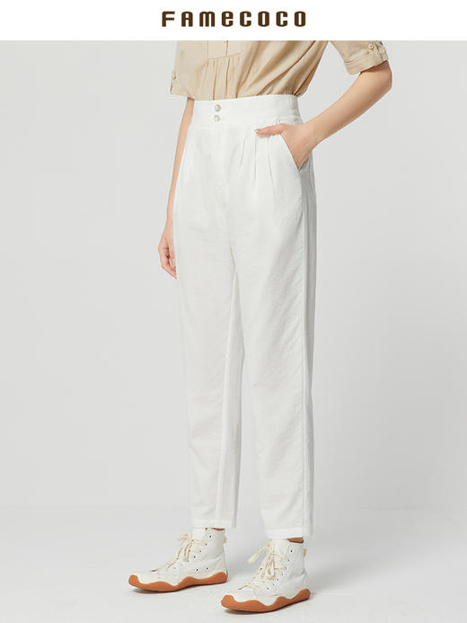 Famecoco范可儿白色裤子女夏季薄款休闲百搭直筒裤小个子FAB3GA019 商品图0