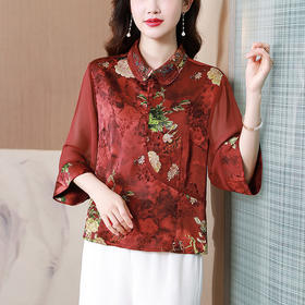 仿真丝拼接雪纺套头衫，绣花领宽松印花中国风上衣KQL-435H5276