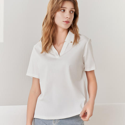 【V领短袖T恤】23年春夏新品女士上衣纯色不对称薄款短袖上衣 商品图6