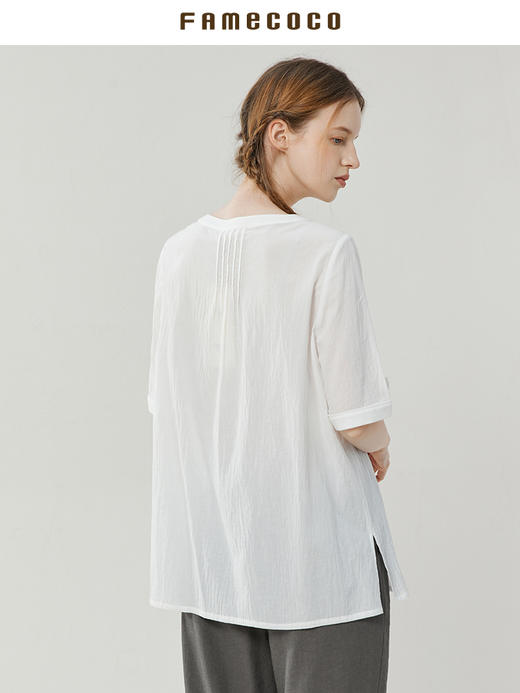 famecoco范可儿宽松纯棉衬衫女短袖夏季白色圆领刺绣上衣FAB3BD007 商品图1