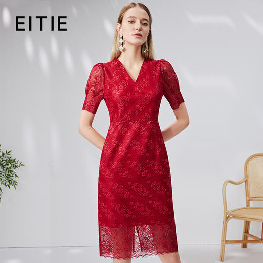 EITIE爱特爱气质V领红色蕾丝连衣裙法式优雅大方时尚显瘦夏新款B2307146 商品图0