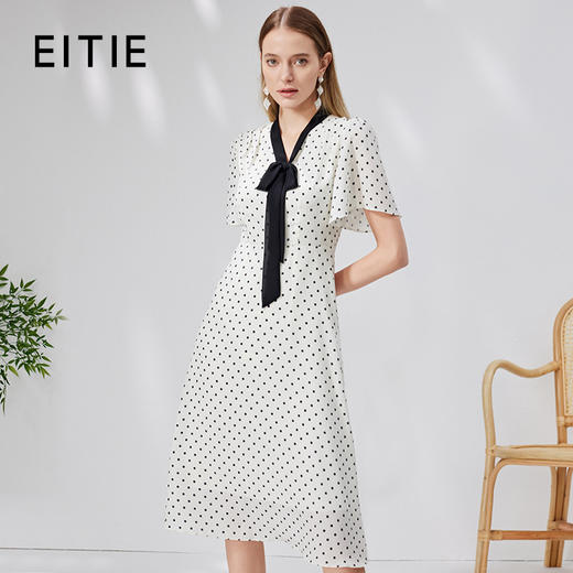 EITIE爱特爱复古飘带V领收腰波点浪漫连衣裙法式通勤显瘦夏新款B2307152 商品图0