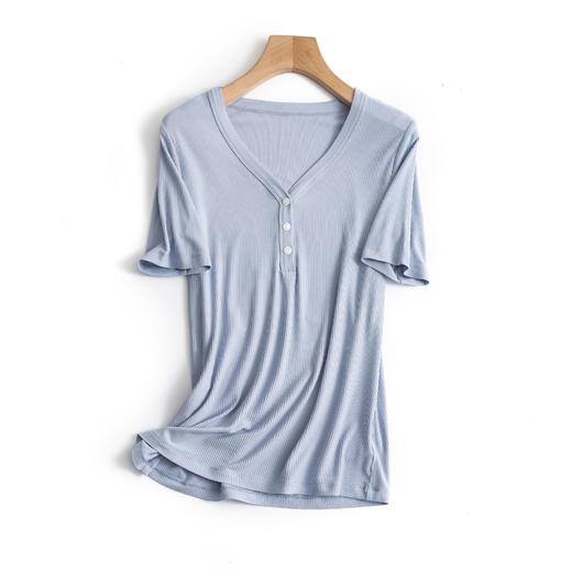 新款螺纹免烫白色V领短袖t恤女夏装内搭显瘦半袖钉扣莫代尔体恤衫_HLY 商品图10