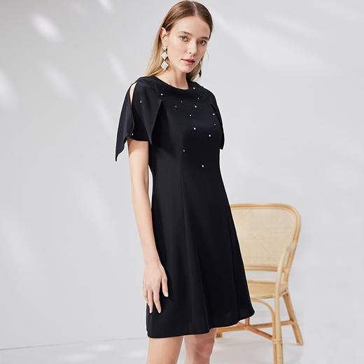 EITIE爱特爱精致优雅钉珠修身显瘦黑色连衣裙气质通勤夏季新款B2307176 商品图2