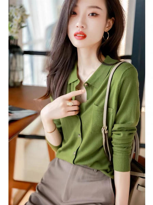 时尚百搭POLO领针织开衫女长袖春秋宽松显瘦衬衫薄款上衣打底毛衣 商品图3